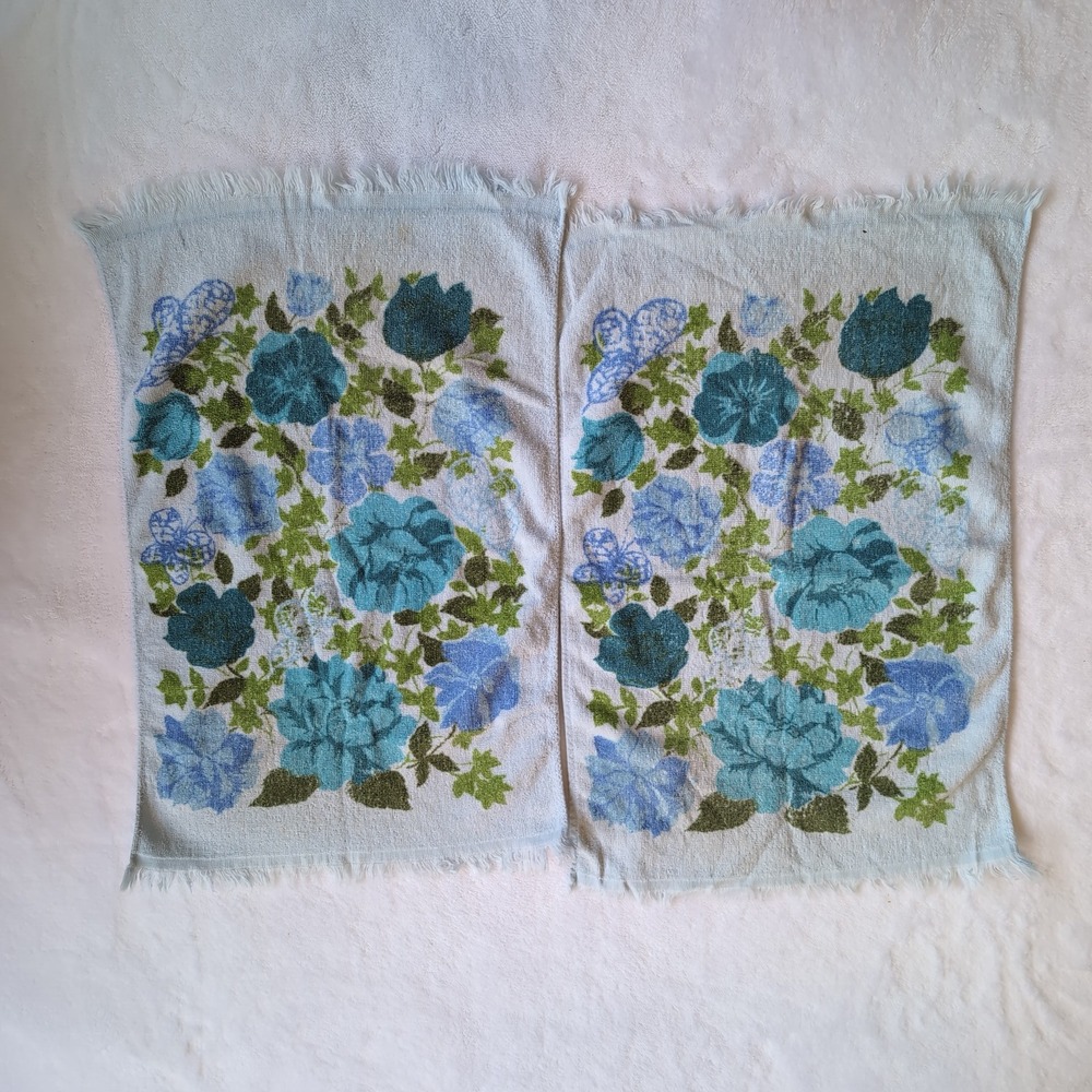Martex Hand Towels Blue Floral Butterfly Vintage Fringed Cotton Set 2 USA 70 MCM